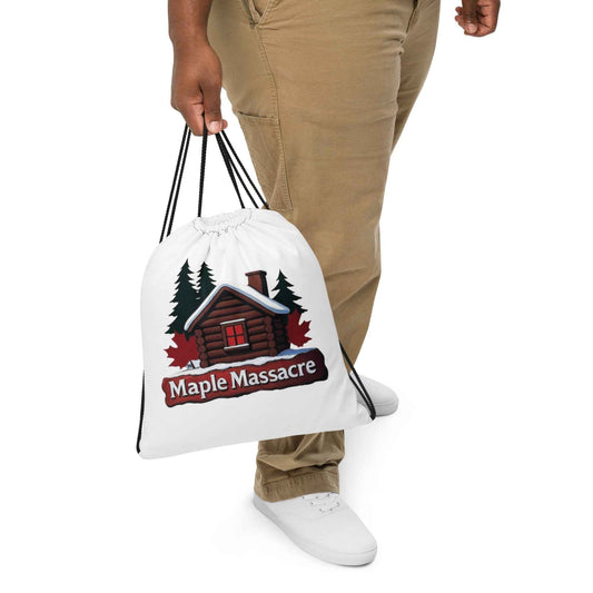 “Maple Massacre” Cabin in the Cold North Drawstring bag