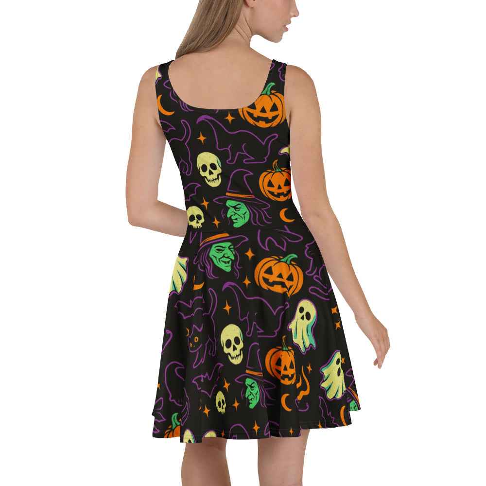 Haunted Halloween Havoc 80s Icon All-Over Print Skater Dress