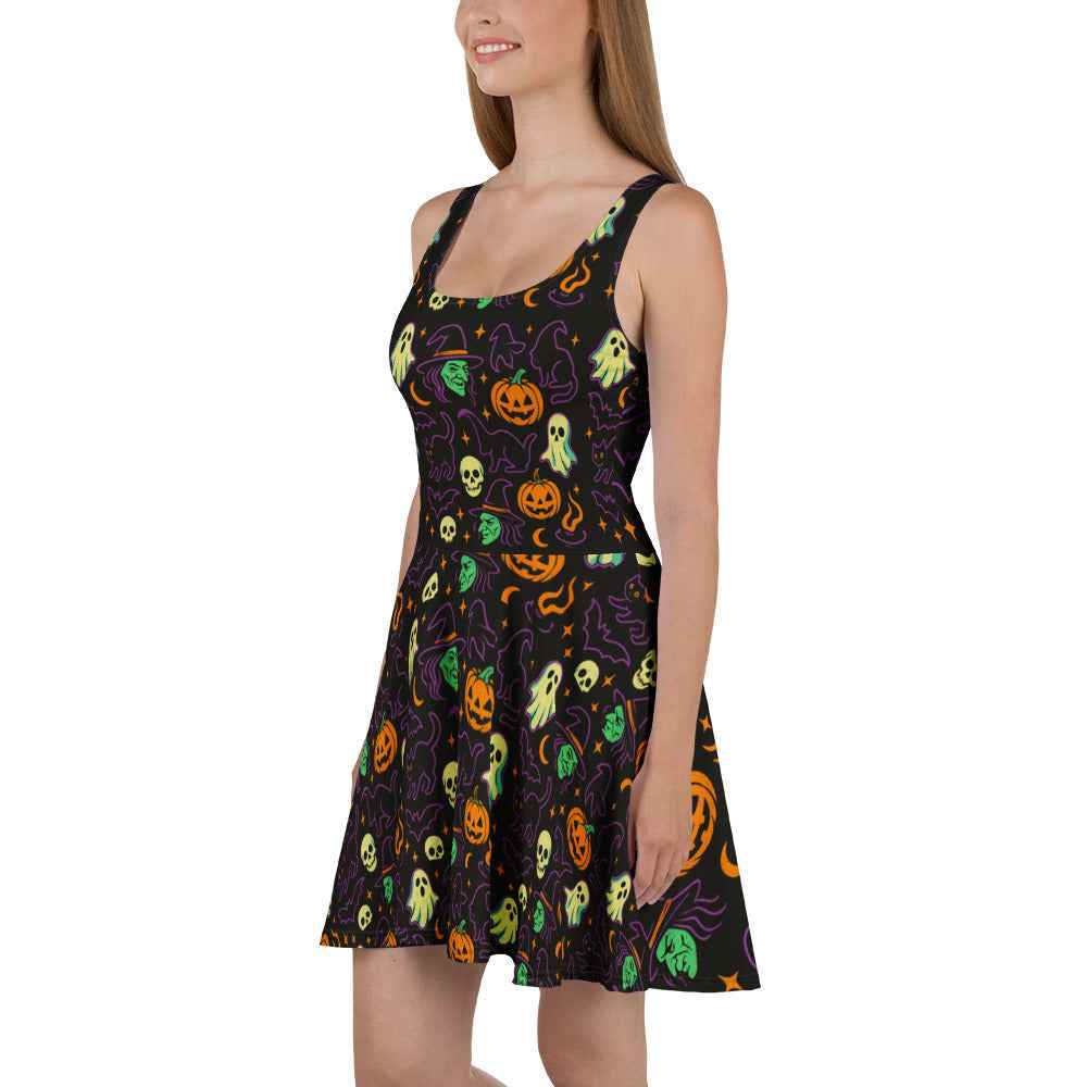 Haunted Halloween Havoc 80s Icon All-Over Print Skater Dress