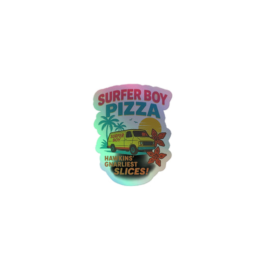 Stranger Things Inspired Surfer Boy Pizza: Holographic stickers  from Rare Plus Apparel – unique movie & pop culture inspired design.