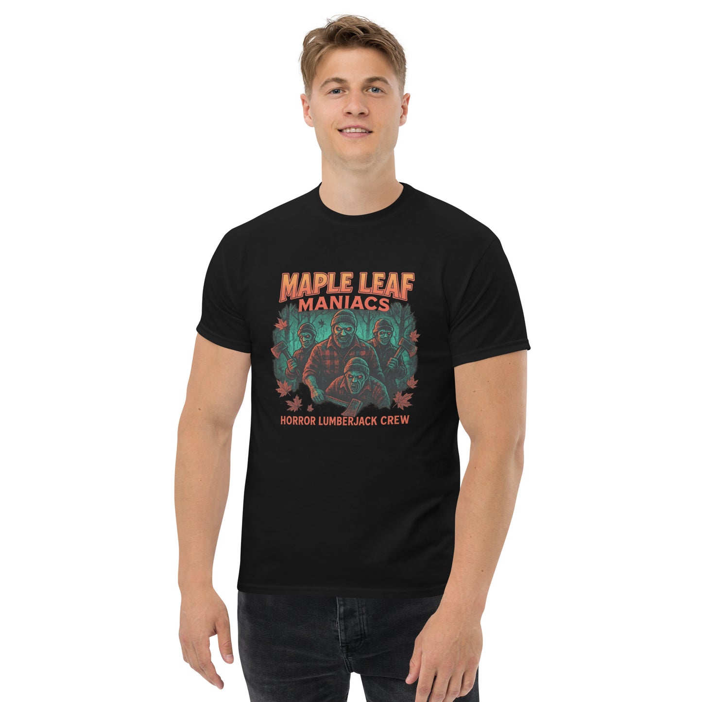 Maple Leaf Maniacs – Horror Lumberjack Crew Unisex classic tee  from Rare Plus Apparel – unique movie & pop culture inspired design.