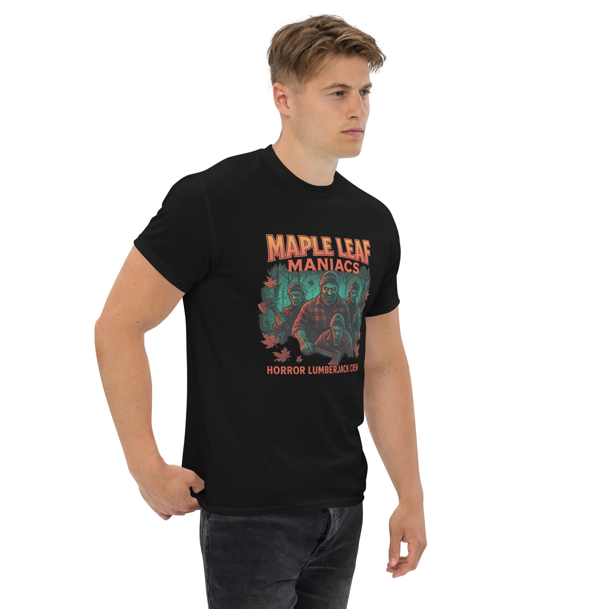 Maple Leaf Maniacs – Horror Lumberjack Crew Unisex classic tee  from Rare Plus Apparel – unique movie & pop culture inspired design.