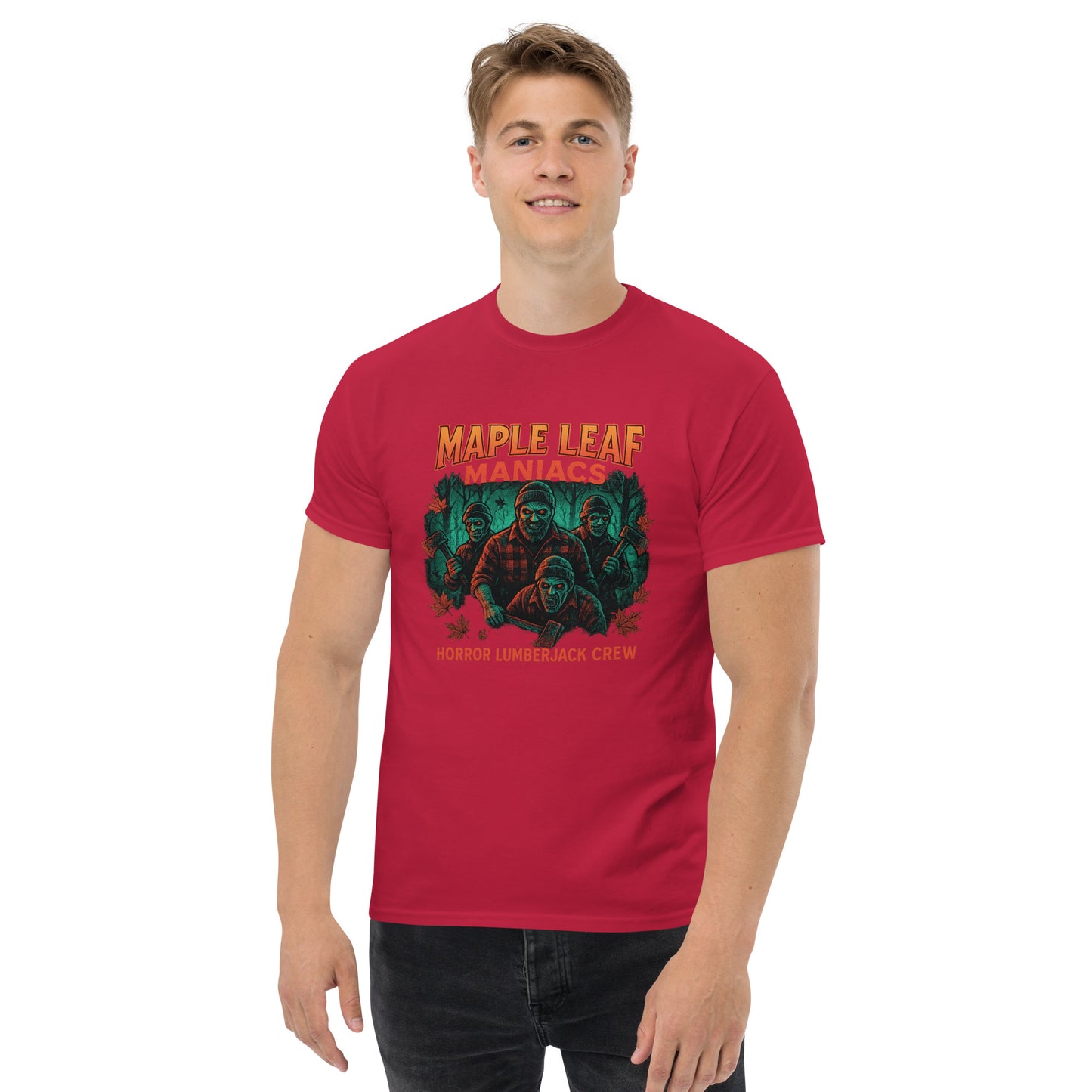 Maple Leaf Maniacs – Horror Lumberjack Crew Unisex classic tee  from Rare Plus Apparel – unique movie & pop culture inspired design.
