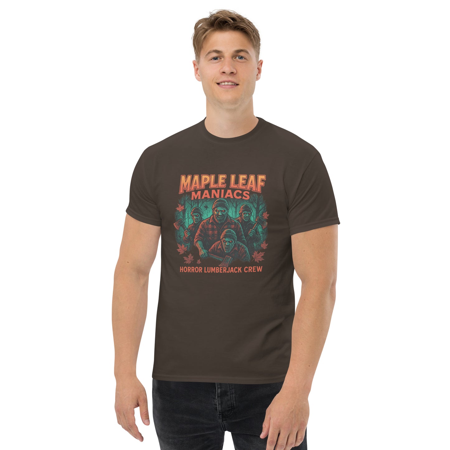 Maple Leaf Maniacs – Horror Lumberjack Crew Unisex classic tee  from Rare Plus Apparel – unique movie & pop culture inspired design.
