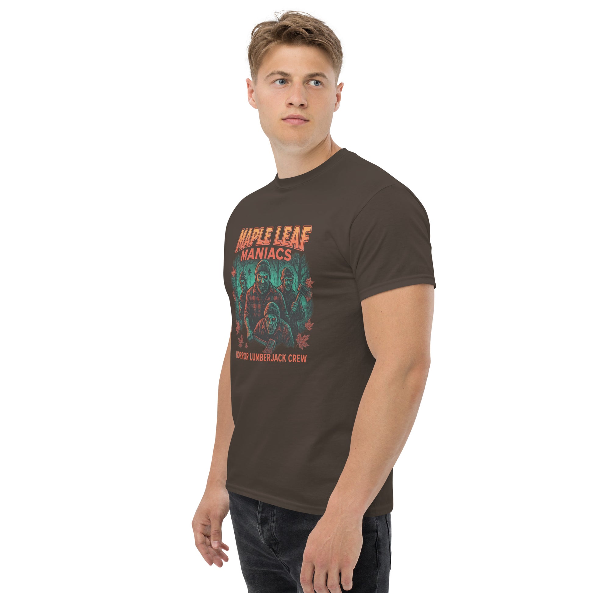 Maple Leaf Maniacs – Horror Lumberjack Crew Unisex classic tee  from Rare Plus Apparel – unique movie & pop culture inspired design.