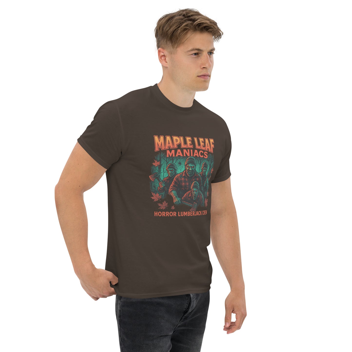 Maple Leaf Maniacs – Horror Lumberjack Crew Unisex classic tee  from Rare Plus Apparel – unique movie & pop culture inspired design.