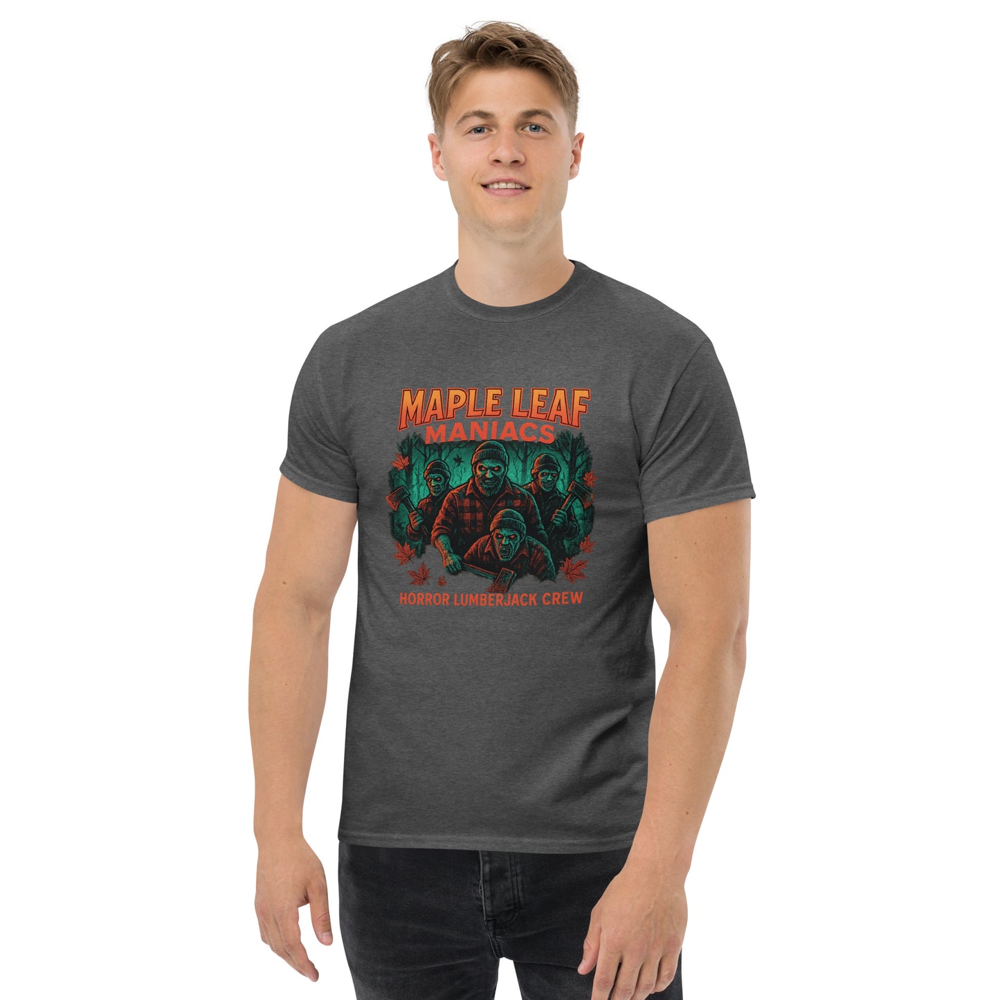 Maple Leaf Maniacs – Horror Lumberjack Crew Unisex classic tee  from Rare Plus Apparel – unique movie & pop culture inspired design.
