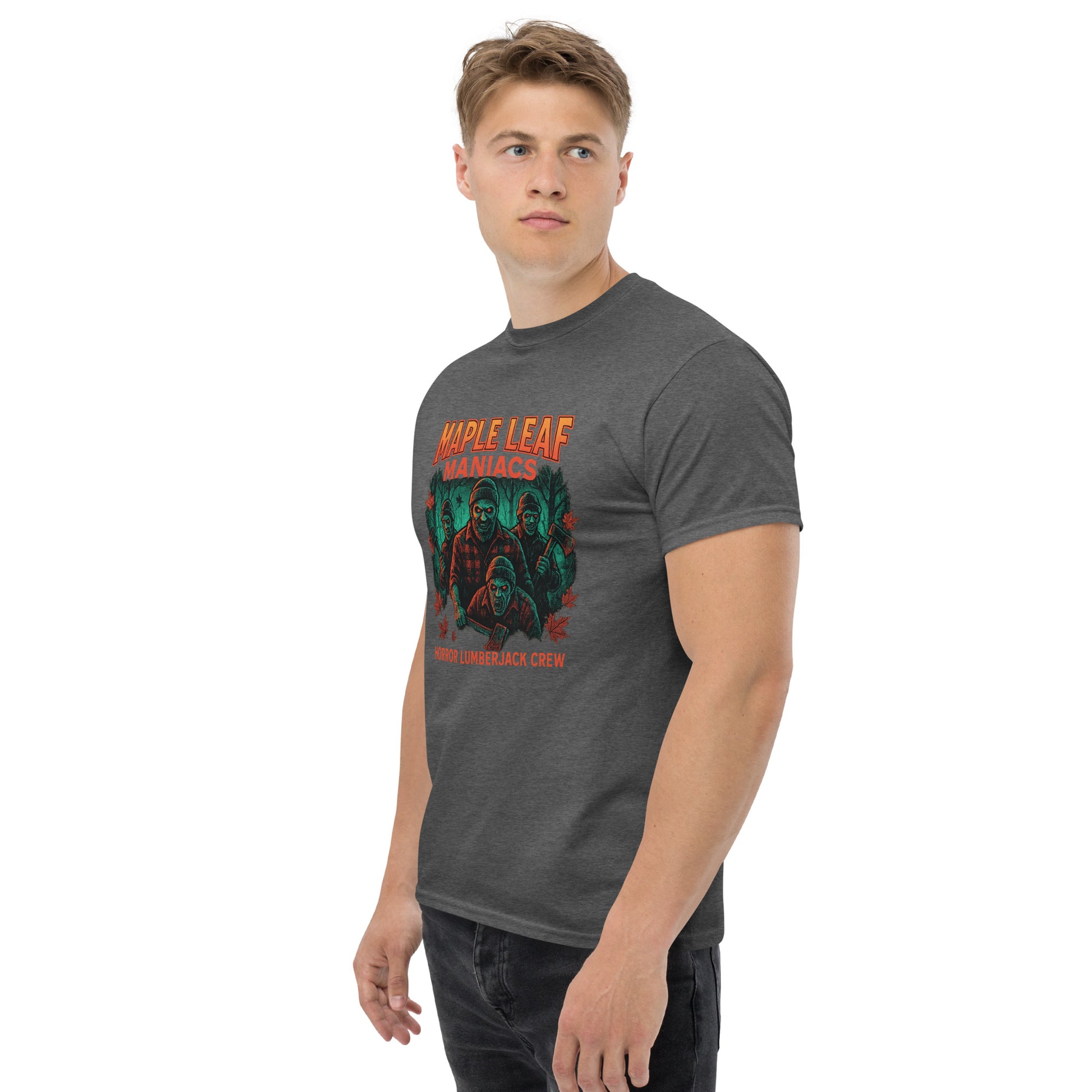 Maple Leaf Maniacs – Horror Lumberjack Crew Unisex classic tee  from Rare Plus Apparel – unique movie & pop culture inspired design.