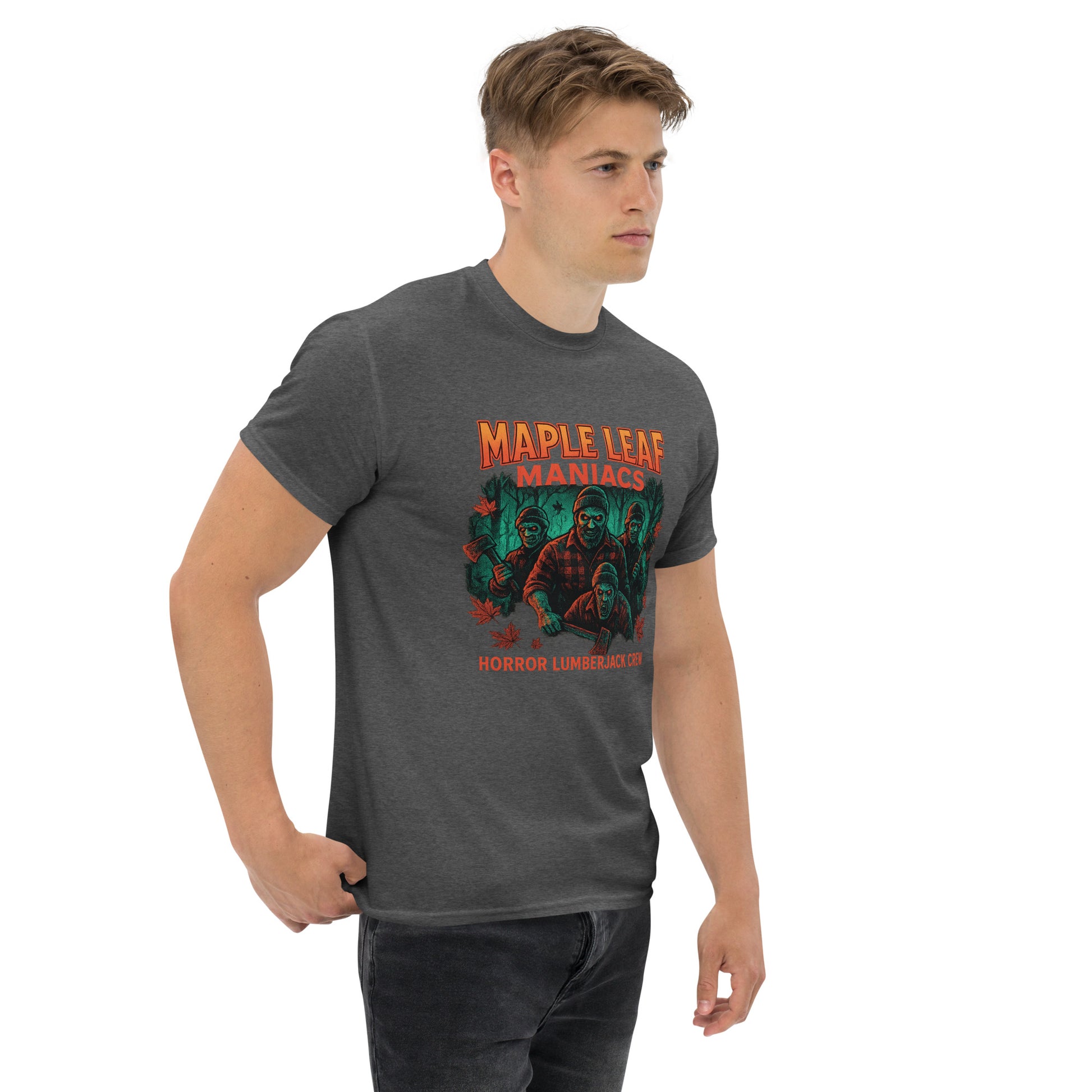 Maple Leaf Maniacs – Horror Lumberjack Crew Unisex classic tee  from Rare Plus Apparel – unique movie & pop culture inspired design.