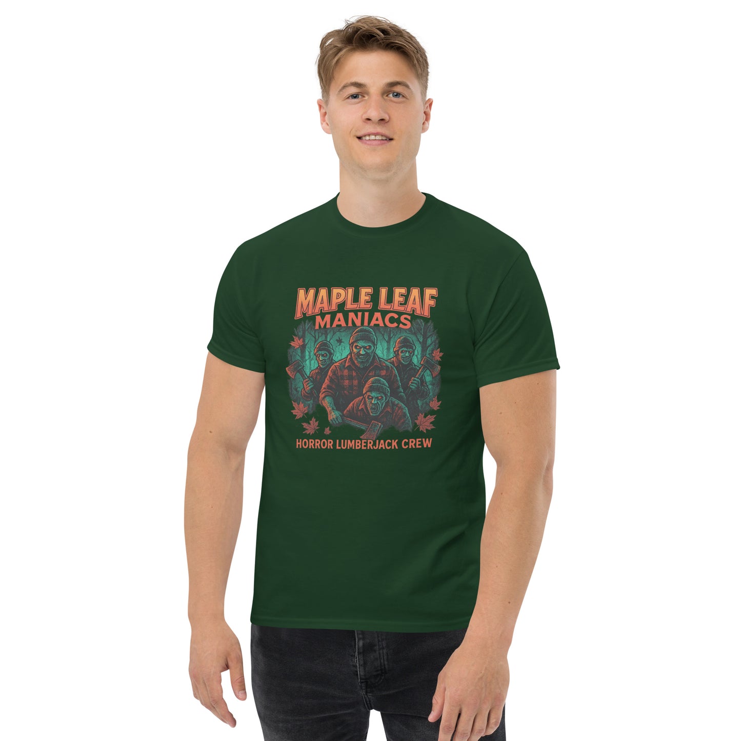 Maple Leaf Maniacs – Horror Lumberjack Crew Unisex classic tee  from Rare Plus Apparel – unique movie & pop culture inspired design.