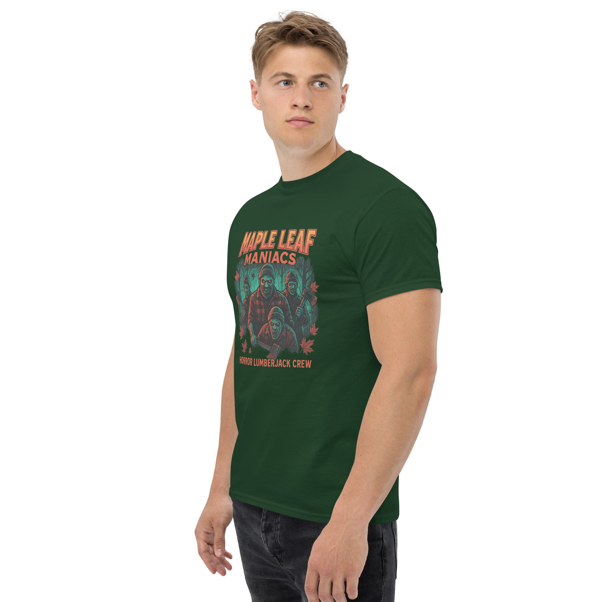 Maple Leaf Maniacs – Horror Lumberjack Crew Unisex classic tee  from Rare Plus Apparel – unique movie & pop culture inspired design.