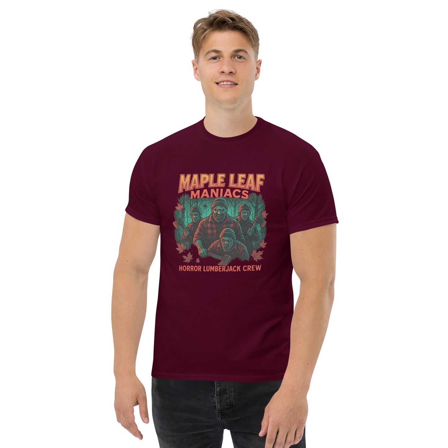 Maple Leaf Maniacs – Horror Lumberjack Crew Unisex classic tee  from Rare Plus Apparel – unique movie & pop culture inspired design.