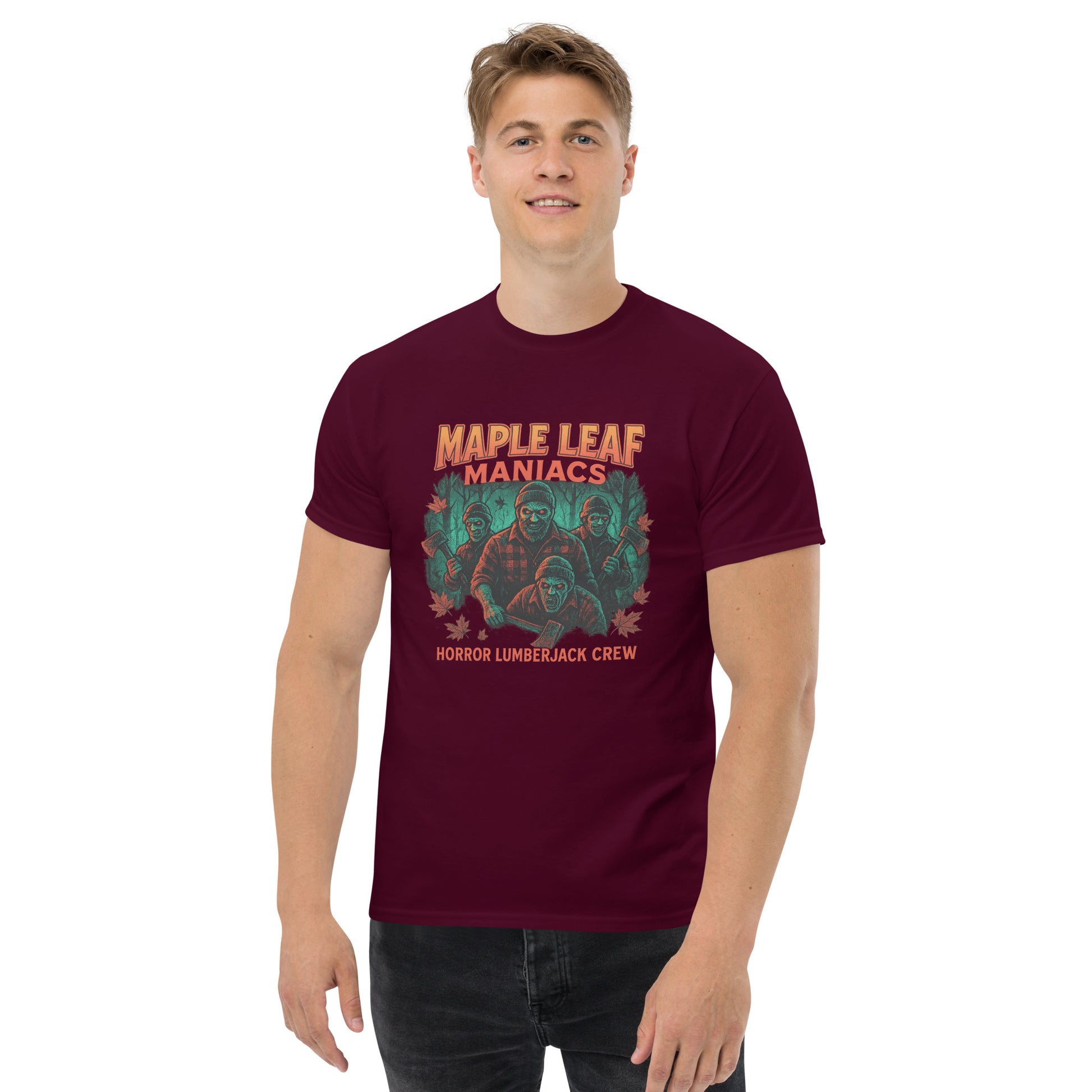 Maple Leaf Maniacs – Horror Lumberjack Crew Unisex classic tee  from Rare Plus Apparel – unique movie & pop culture inspired design.