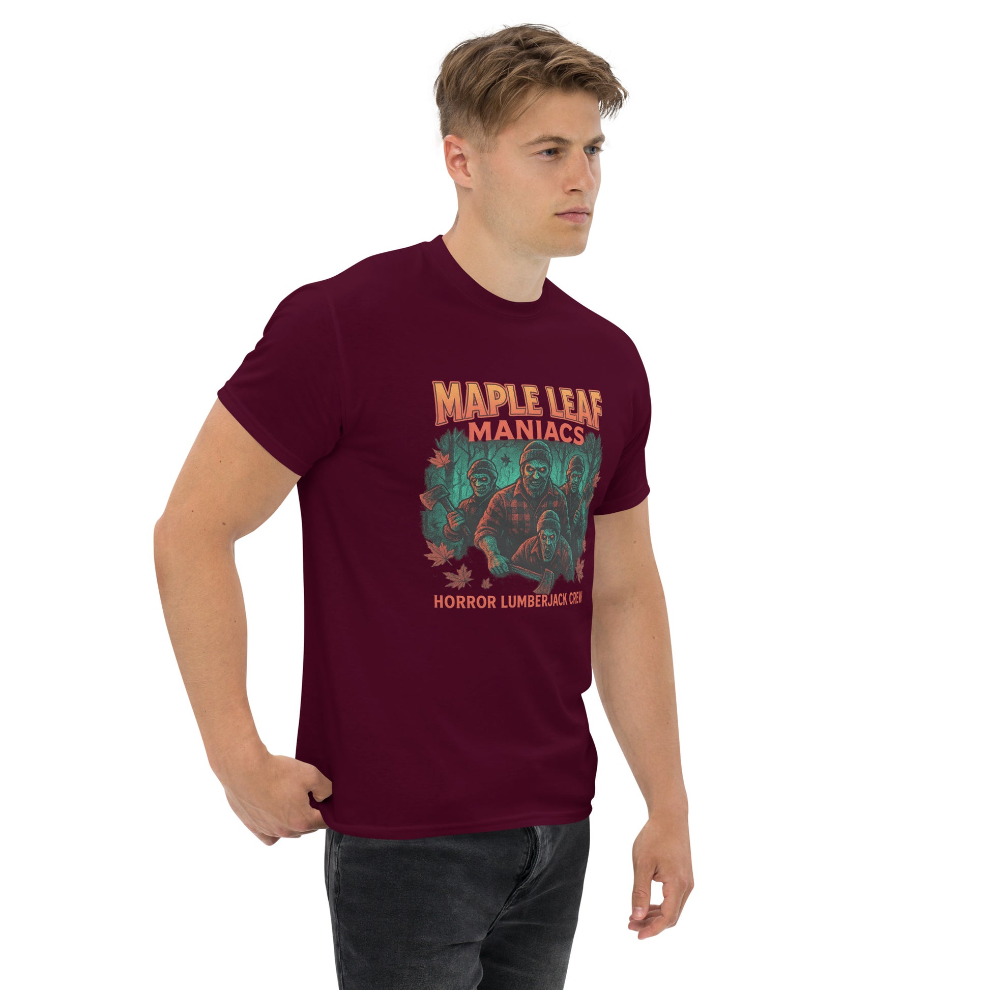 Maple Leaf Maniacs – Horror Lumberjack Crew Unisex classic tee  from Rare Plus Apparel – unique movie & pop culture inspired design.