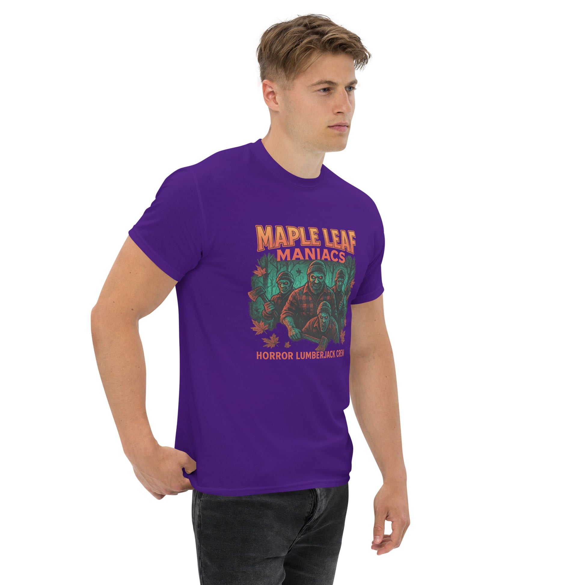 Maple Leaf Maniacs – Horror Lumberjack Crew Unisex classic tee  from Rare Plus Apparel – unique movie & pop culture inspired design.