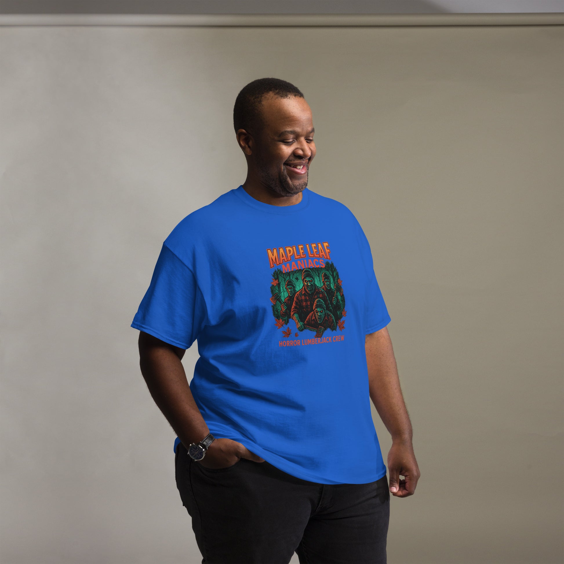 Maple Leaf Maniacs – Horror Lumberjack Crew Unisex classic tee  from Rare Plus Apparel – unique movie & pop culture inspired design.
