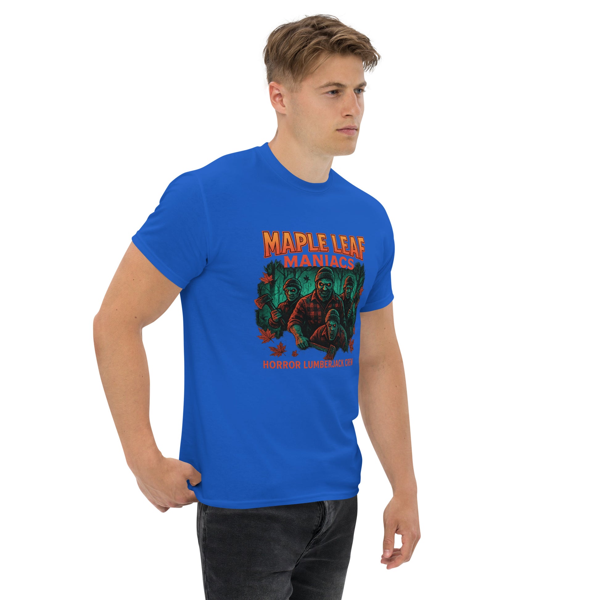 Maple Leaf Maniacs – Horror Lumberjack Crew Unisex classic tee  from Rare Plus Apparel – unique movie & pop culture inspired design.
