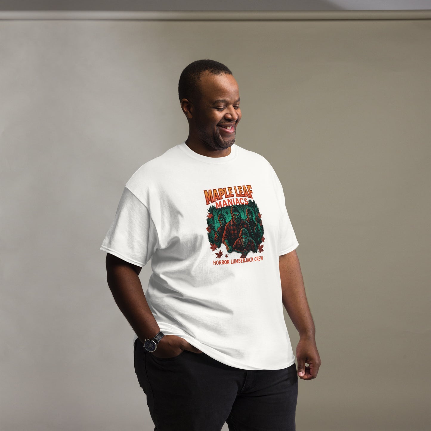 Maple Leaf Maniacs – Horror Lumberjack Crew Unisex classic tee  from Rare Plus Apparel – unique movie & pop culture inspired design.