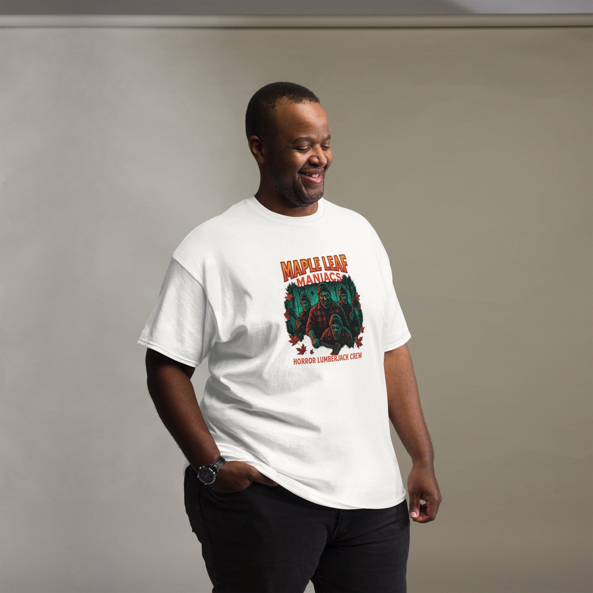 Maple Leaf Maniacs – Horror Lumberjack Crew Unisex classic tee  from Rare Plus Apparel – unique movie & pop culture inspired design.