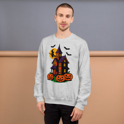 Haunted Halloween House Unisex Sweatshirt  from Rare Plus Apparel – unique movie & pop culture inspired design.