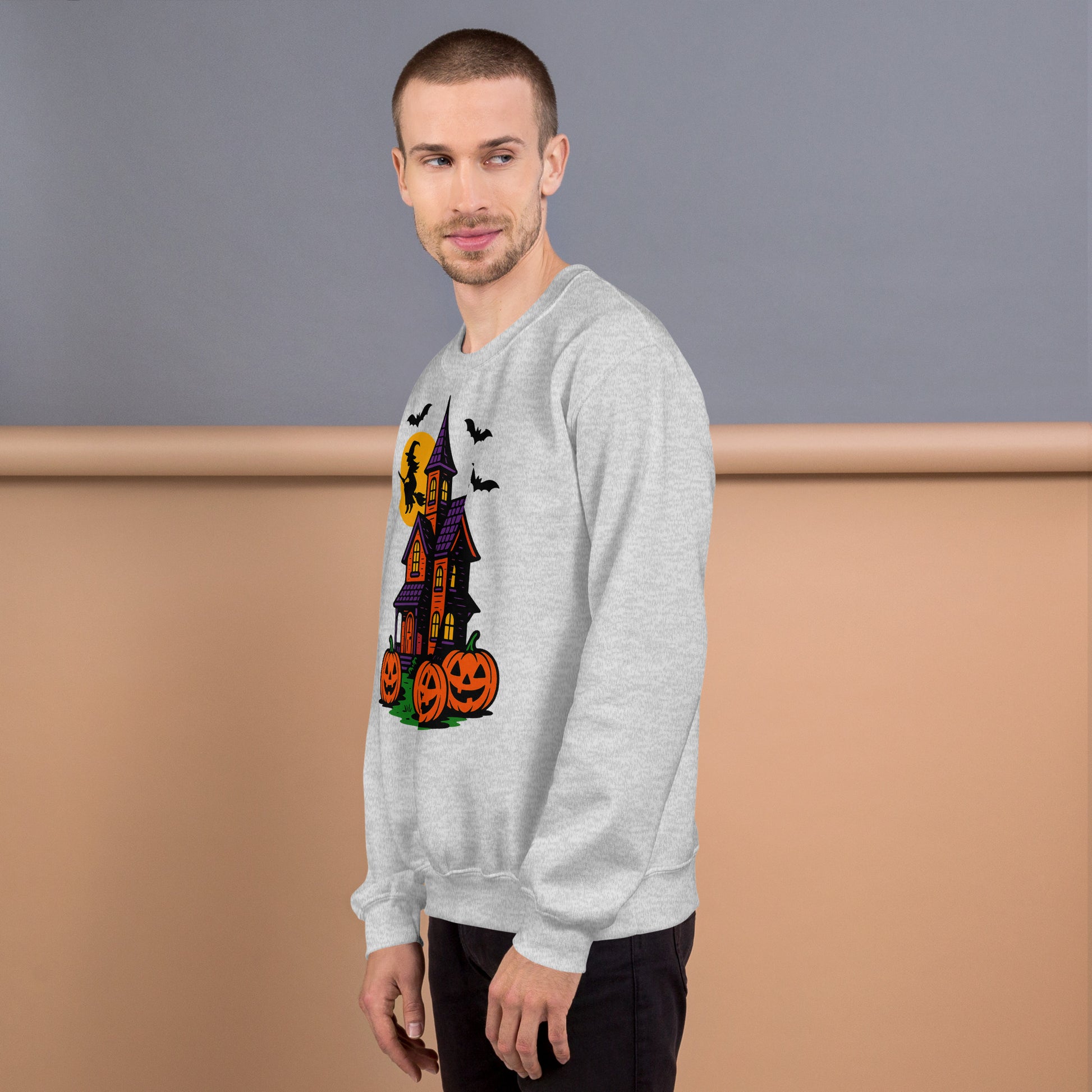 Haunted Halloween House Unisex Sweatshirt  from Rare Plus Apparel – unique movie & pop culture inspired design.