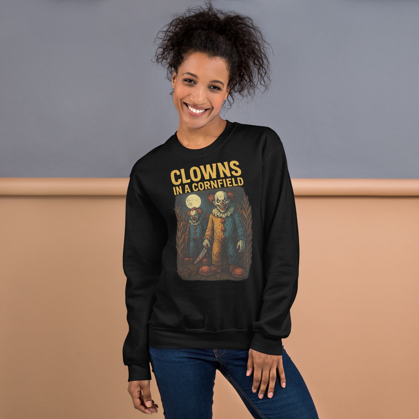 Clowns in a Cornfield Unisex Sweatshirt  from Rare Plus Apparel – unique movie & pop culture inspired design.
