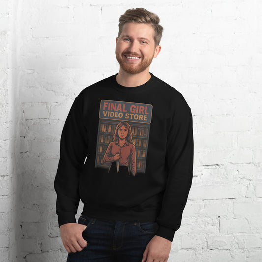 Final Girl Video Store Unisex Sweatshirt  from Rare Plus Apparel – unique movie & pop culture inspired design.