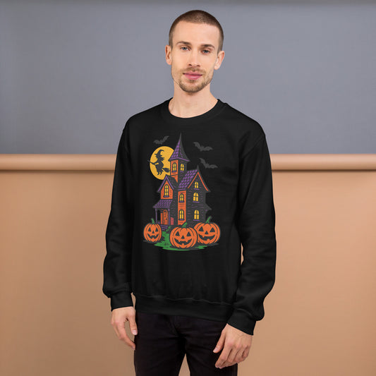 Haunted Halloween House Unisex Sweatshirt  from Rare Plus Apparel – unique movie & pop culture inspired design.