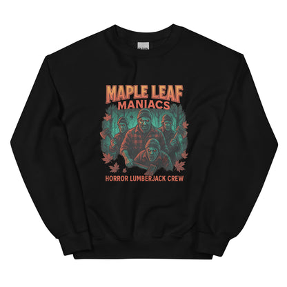 Maple Leaf Maniacs – Horror Lumberjack Crew Unisex Sweatshirt  from Rare Plus Apparel – unique movie & pop culture inspired design.