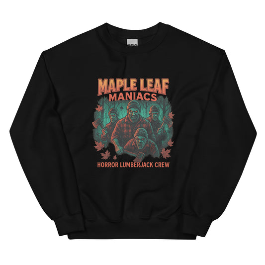 Maple Leaf Maniacs – Horror Lumberjack Crew Unisex Sweatshirt  from Rare Plus Apparel – unique movie & pop culture inspired design.