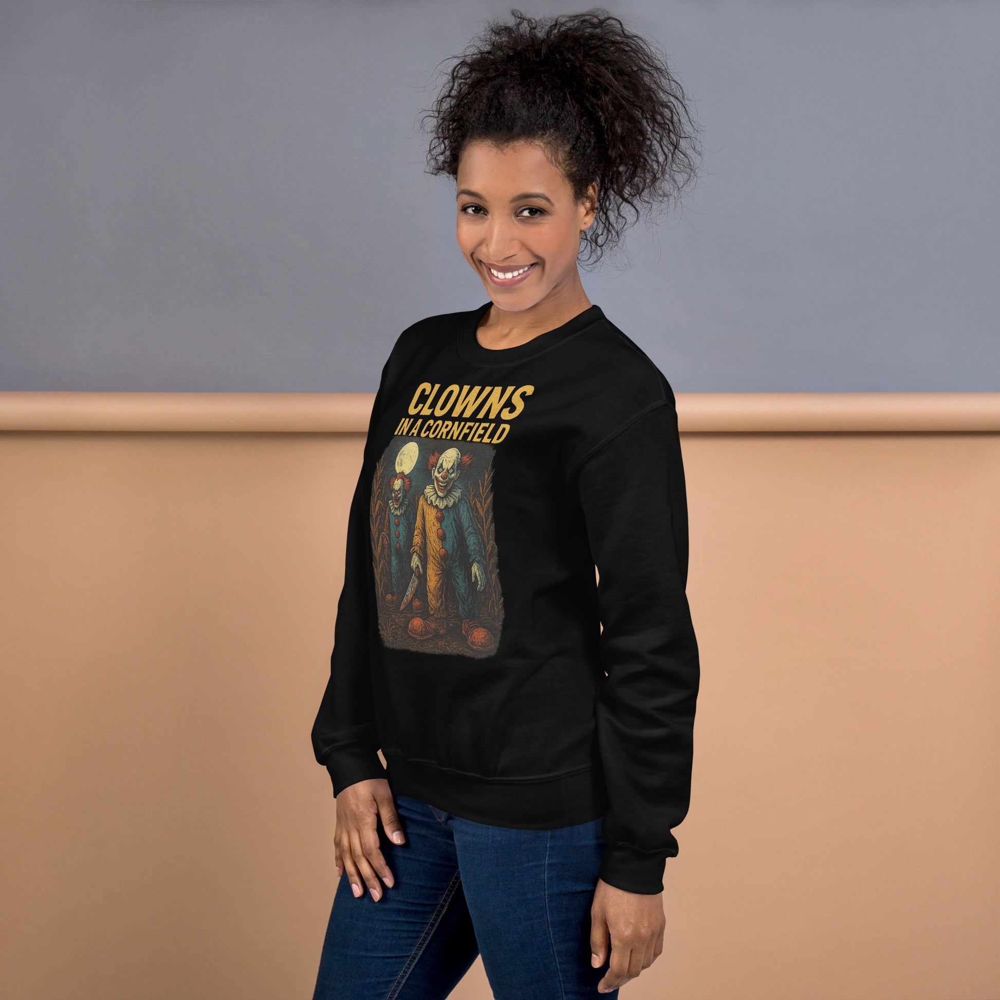Clowns in a Cornfield Unisex Sweatshirt  from Rare Plus Apparel – unique movie & pop culture inspired design.