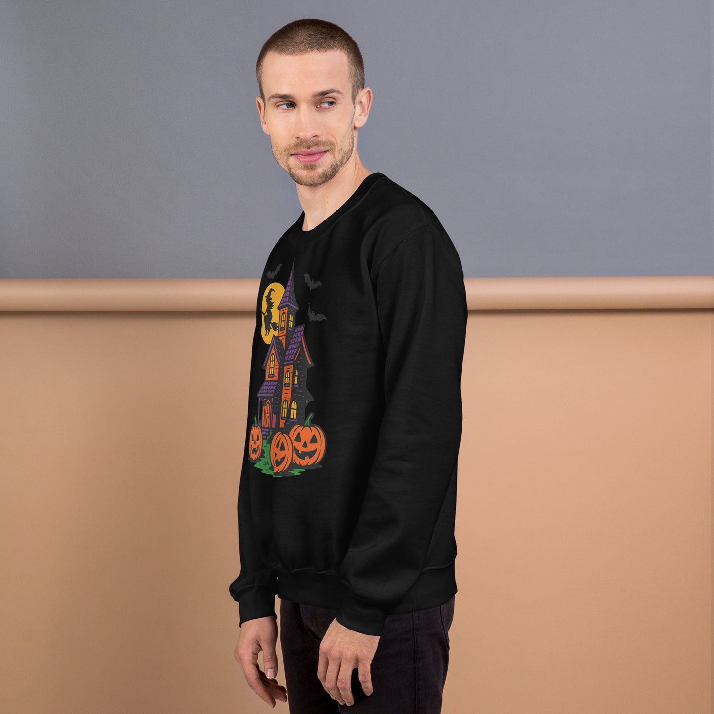 Haunted Halloween House Unisex Sweatshirt  from Rare Plus Apparel – unique movie & pop culture inspired design.