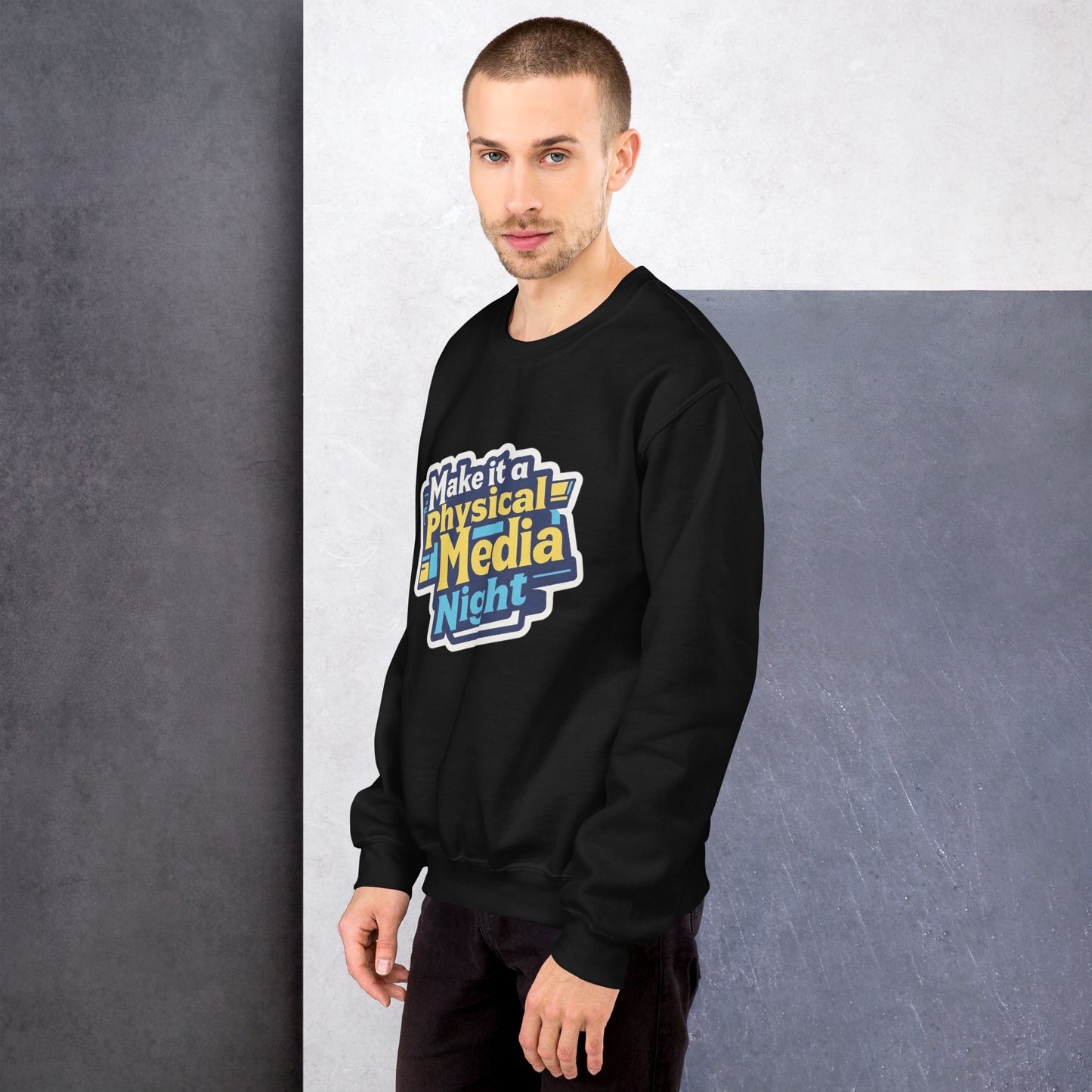 Make it a Physical Media Night Unisex Sweatshirt  from Rare Plus Apparel – unique movie & pop culture inspired design.