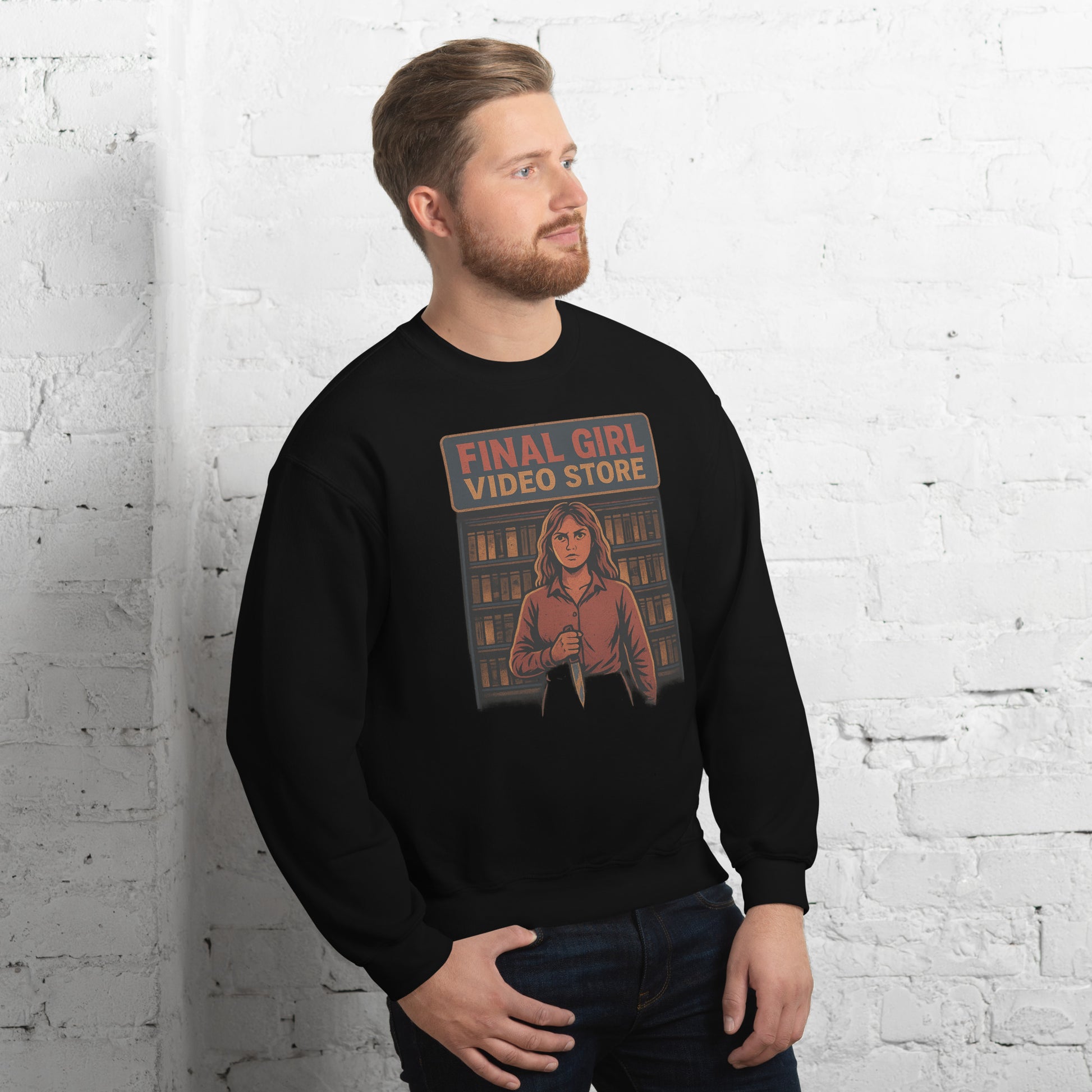 Final Girl Video Store Unisex Sweatshirt  from Rare Plus Apparel – unique movie & pop culture inspired design.