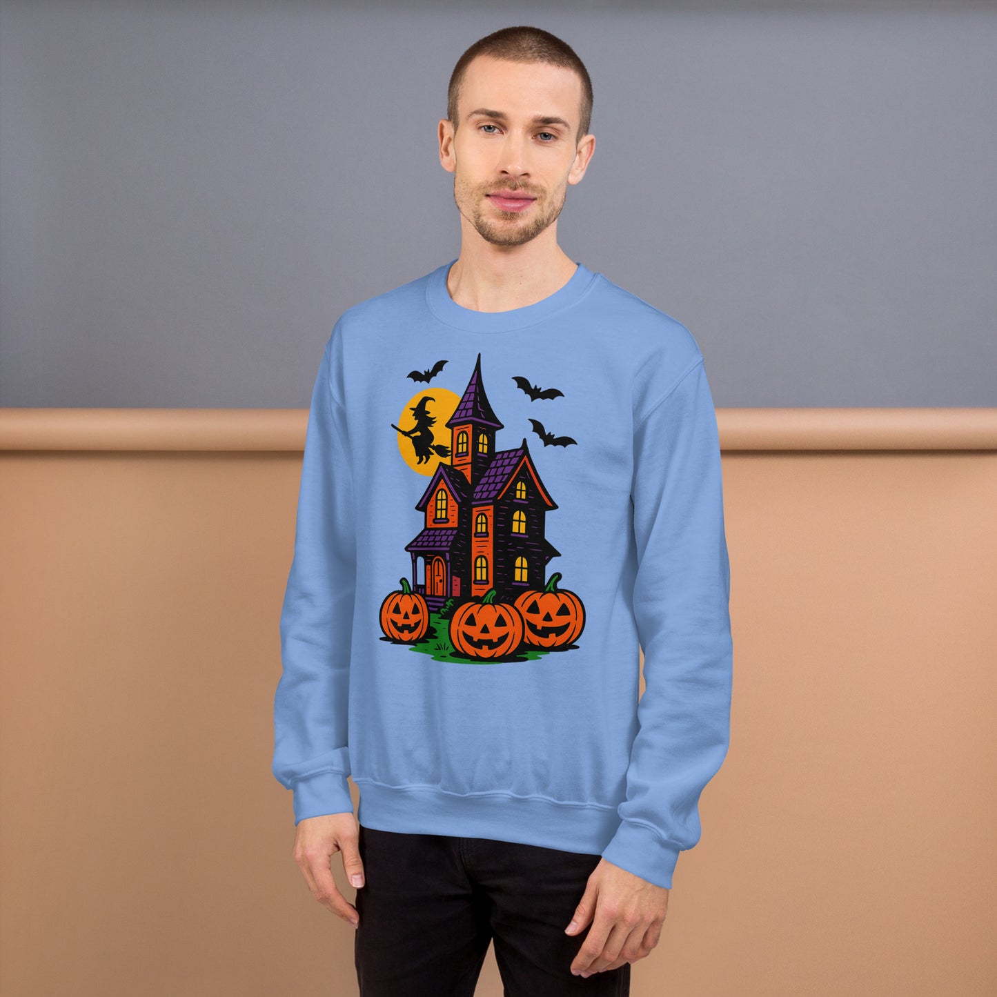 Haunted Halloween House Unisex Sweatshirt  from Rare Plus Apparel – unique movie & pop culture inspired design.