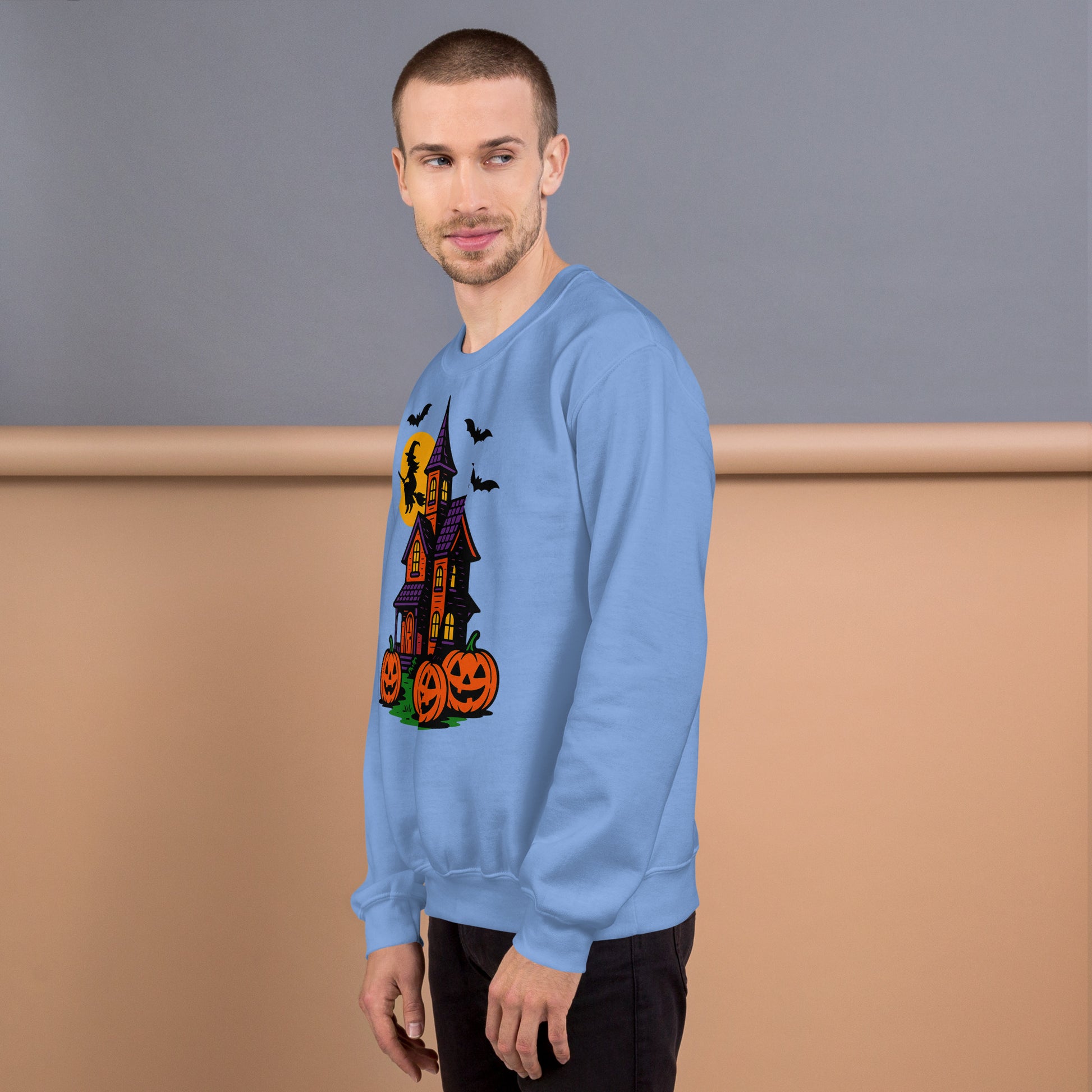 Haunted Halloween House Unisex Sweatshirt  from Rare Plus Apparel – unique movie & pop culture inspired design.