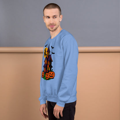 Haunted Halloween House Unisex Sweatshirt  from Rare Plus Apparel – unique movie & pop culture inspired design.