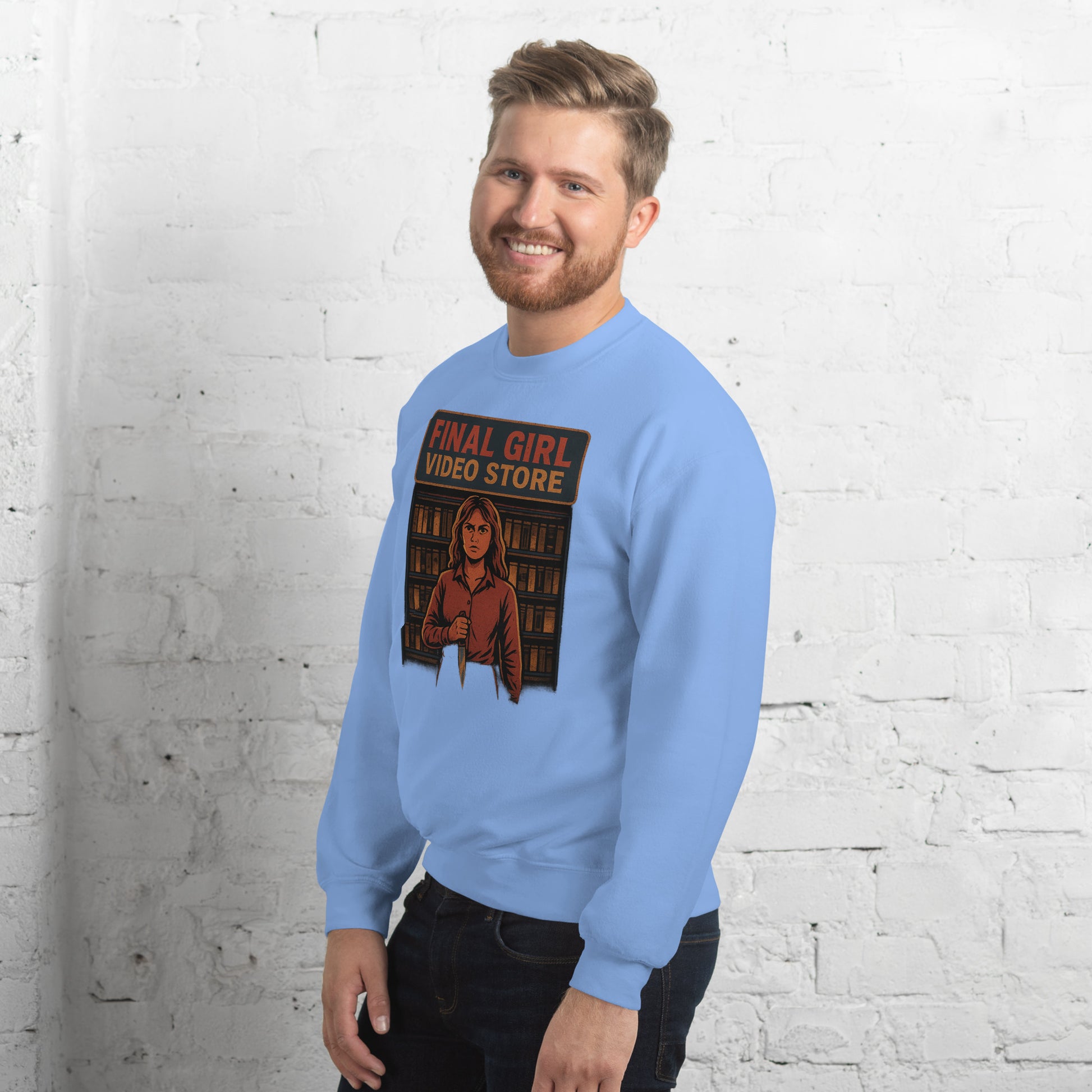 Final Girl Video Store Unisex Sweatshirt  from Rare Plus Apparel – unique movie & pop culture inspired design.
