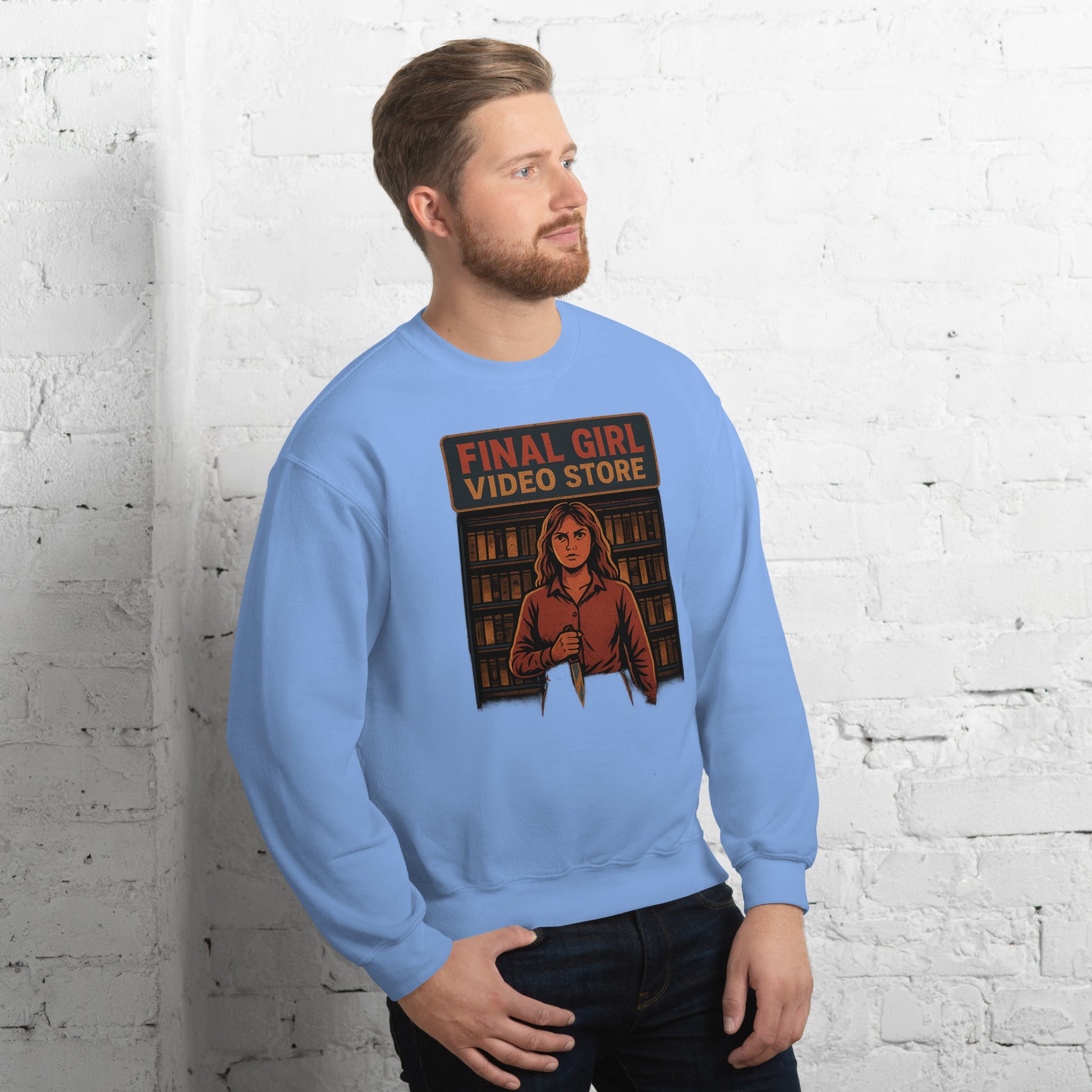 Final Girl Video Store Unisex Sweatshirt  from Rare Plus Apparel – unique movie & pop culture inspired design.