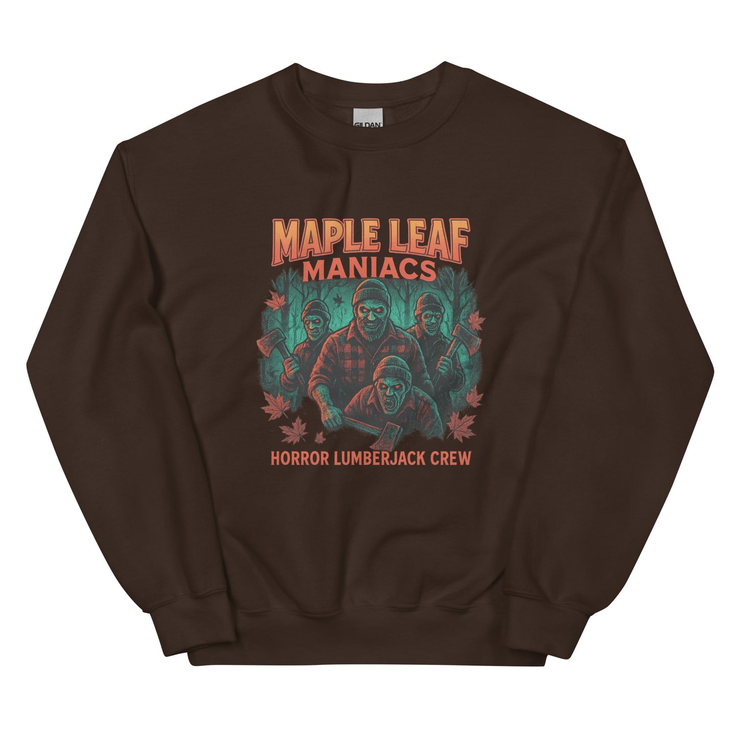 Maple Leaf Maniacs – Horror Lumberjack Crew Unisex Sweatshirt  from Rare Plus Apparel – unique movie & pop culture inspired design.
