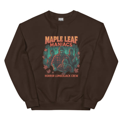 Maple Leaf Maniacs – Horror Lumberjack Crew Unisex Sweatshirt  from Rare Plus Apparel – unique movie & pop culture inspired design.