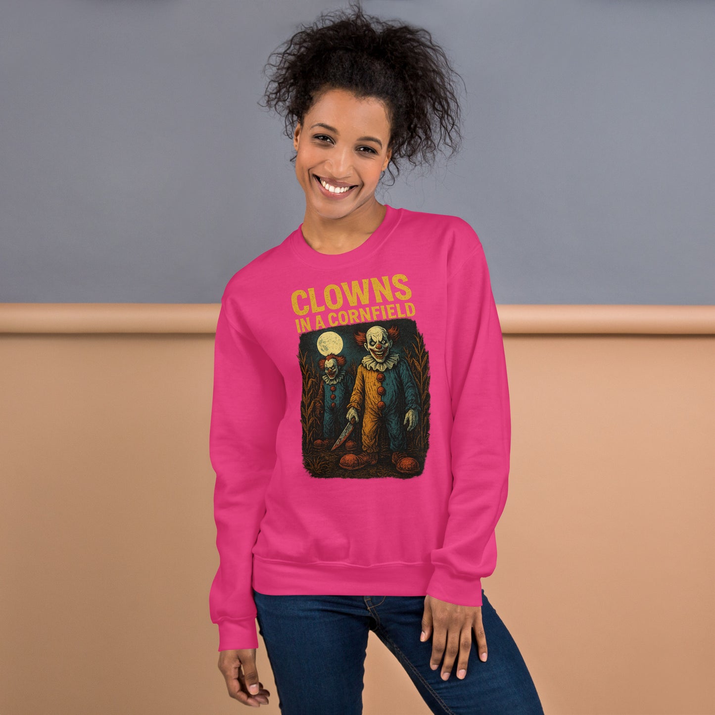 Clowns in a Cornfield Unisex Sweatshirt  from Rare Plus Apparel – unique movie & pop culture inspired design.