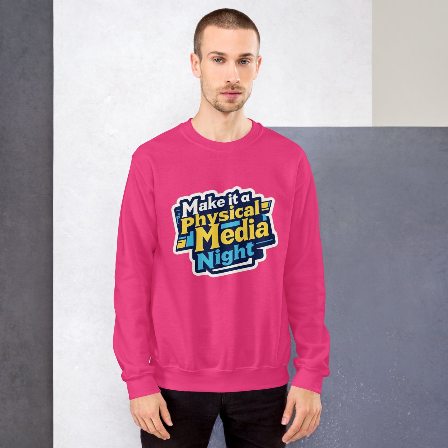 Make it a Physical Media Night Unisex Sweatshirt  from Rare Plus Apparel – unique movie & pop culture inspired design.