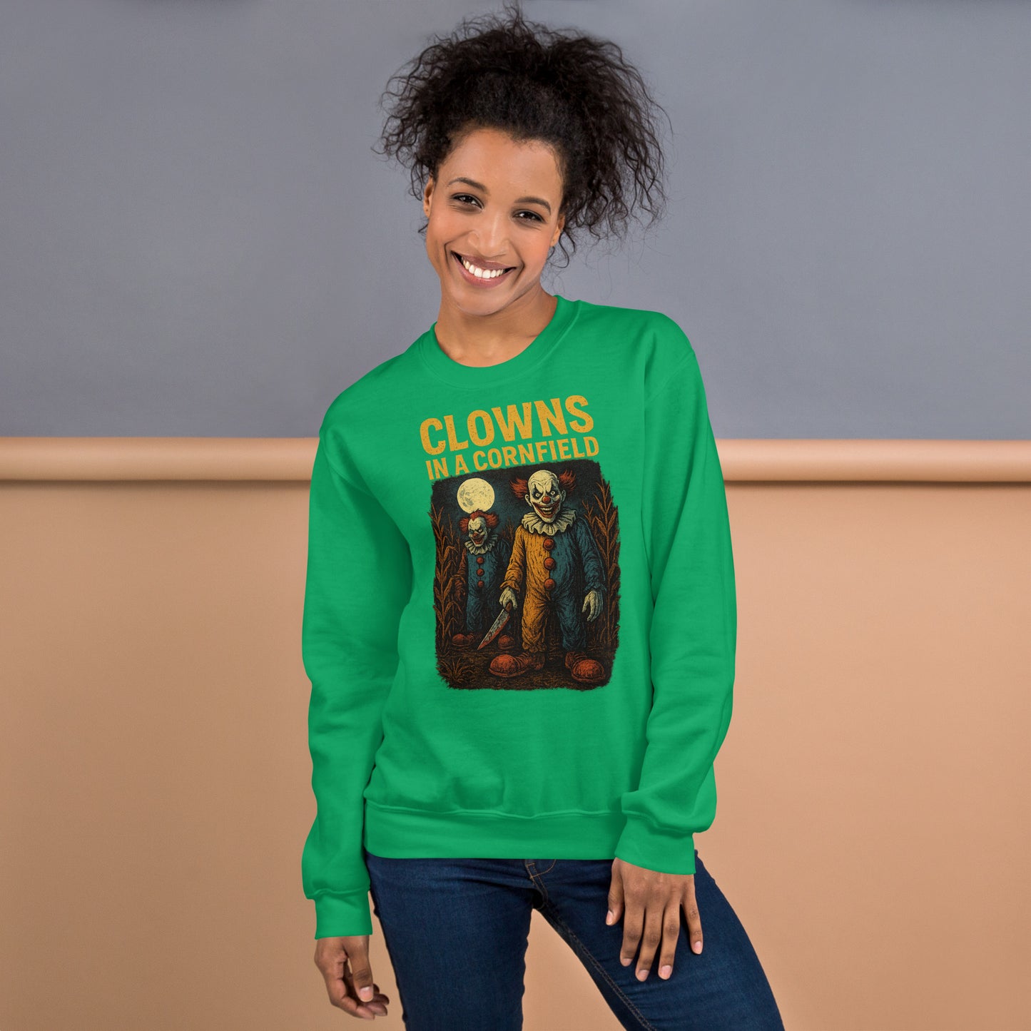 Clowns in a Cornfield Unisex Sweatshirt  from Rare Plus Apparel – unique movie & pop culture inspired design.