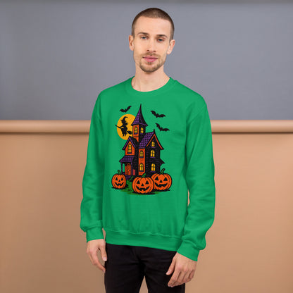 Haunted Halloween House Unisex Sweatshirt  from Rare Plus Apparel – unique movie & pop culture inspired design.