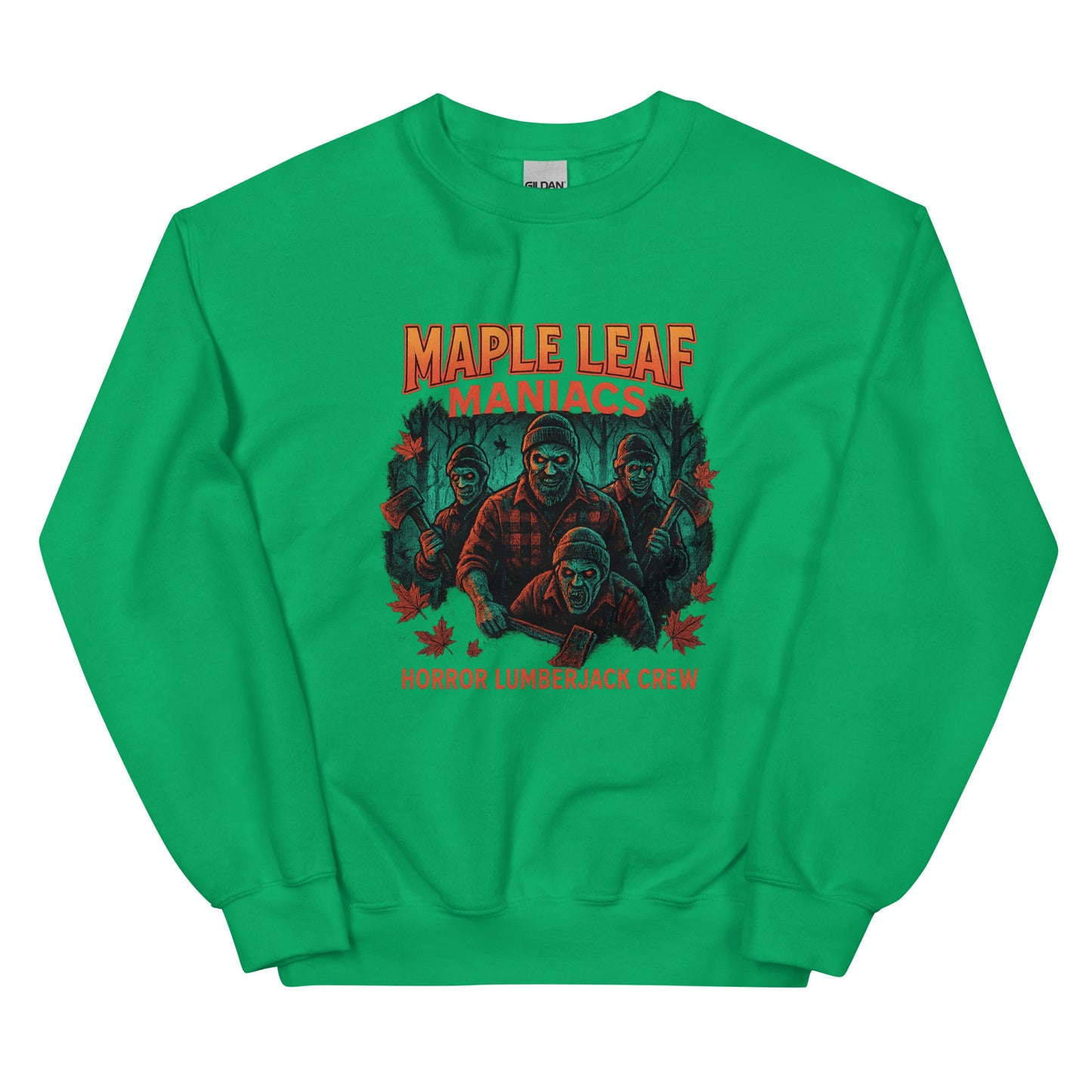 Maple Leaf Maniacs – Horror Lumberjack Crew Unisex Sweatshirt  from Rare Plus Apparel – unique movie & pop culture inspired design.