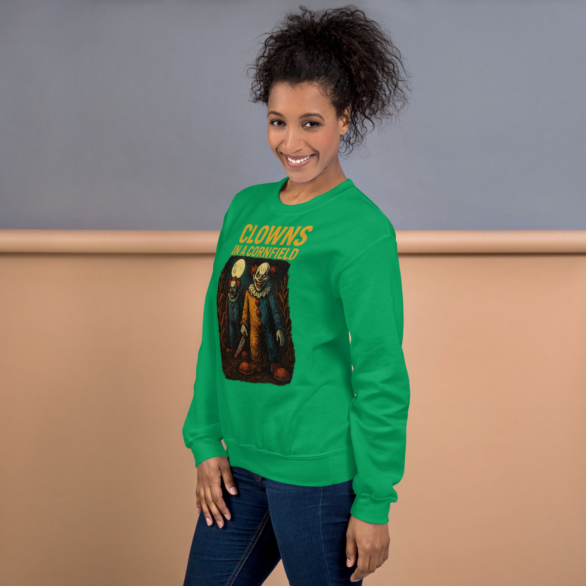 Clowns in a Cornfield Unisex Sweatshirt  from Rare Plus Apparel – unique movie & pop culture inspired design.