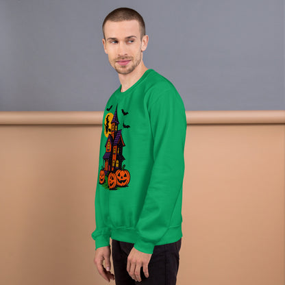 Haunted Halloween House Unisex Sweatshirt  from Rare Plus Apparel – unique movie & pop culture inspired design.