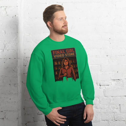 Final Girl Video Store Unisex Sweatshirt  from Rare Plus Apparel – unique movie & pop culture inspired design.