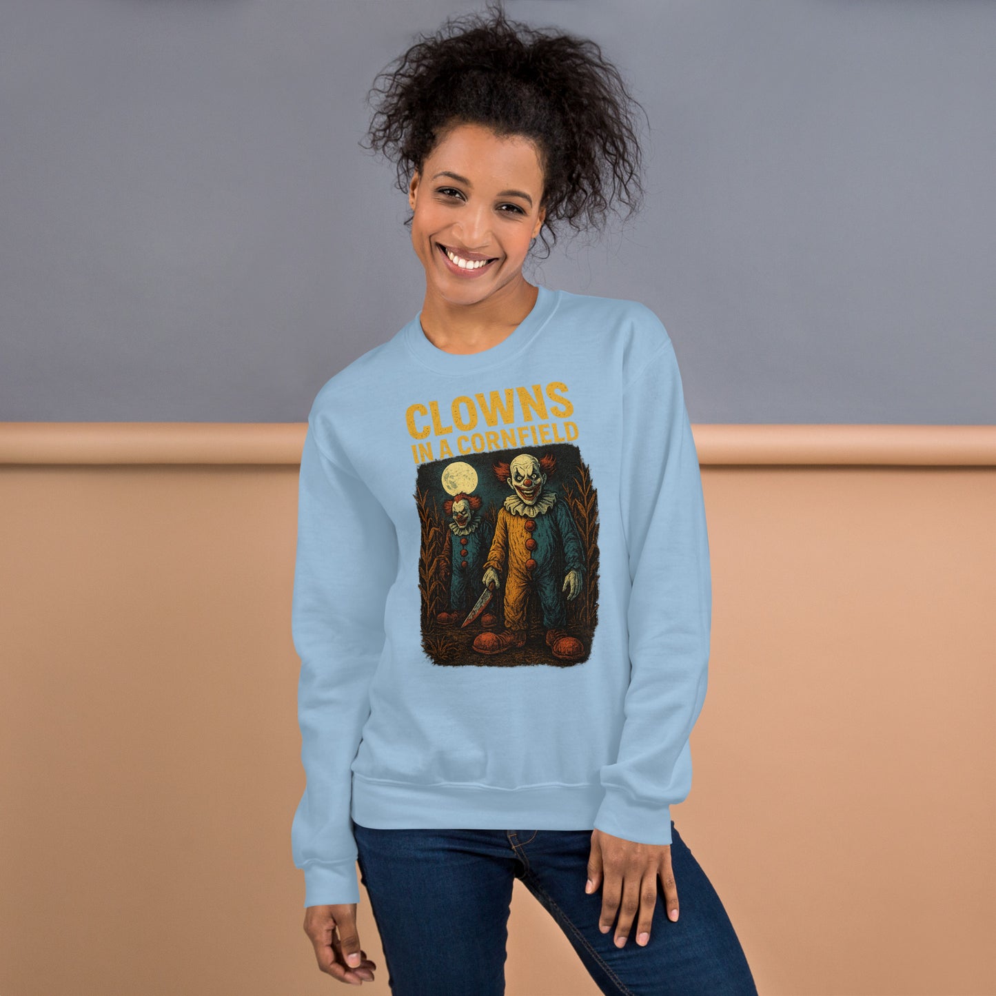 Clowns in a Cornfield Unisex Sweatshirt  from Rare Plus Apparel – unique movie & pop culture inspired design.